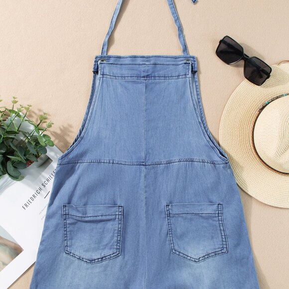 B239 Light Blue Grommet Tie Straps Casual Denim Romper - Picture 14 of 16